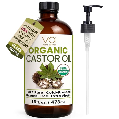 VITAL AFFAIR Organic Castor Oil 16 oz - Cold Pressed, Hexane Free & Unrefined Glass Bottle for Pack Wrap Routine, Hair Growth, Skincare, Face & Nails
