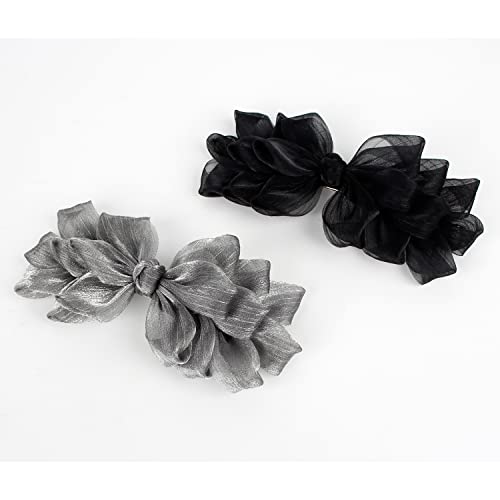 Women’s Black and Silver Bow Hair Clips - Elegant Decorative Flower Barrettes for Party & Wedding, 2 Pack
