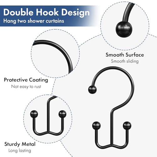 Matte Black Shower Curtain Hooks - 24 Pcs Rust-Proof Double Hook Rings