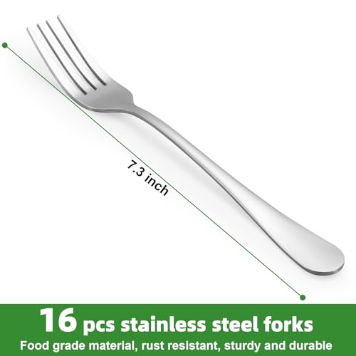 16-Piece Stainless Steel Dinner Fork Set - 7.3 Inch, Polished, Dishwasher Safe