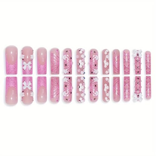 RUOKEXIN Long Square Press On Nails Pink French Tip Glitter Butterfly Design - Model C6C31 - 24 Pcs