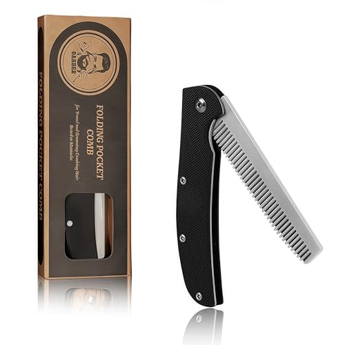 MenGate Black Folding Pocket Beard Comb with G10 Handle, Locking Design