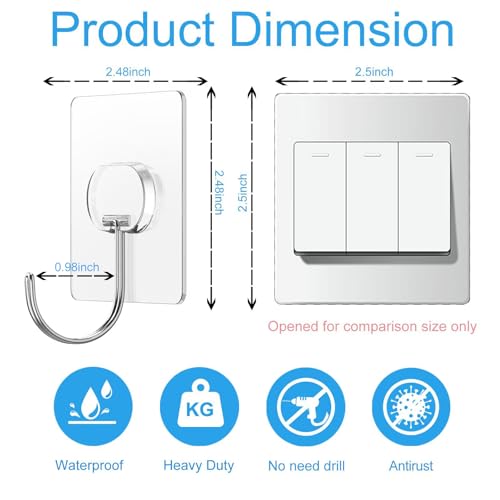 Heavy Duty No-Drill Adhesive Wall Hooks - 13LB Capacity, 8 Pack