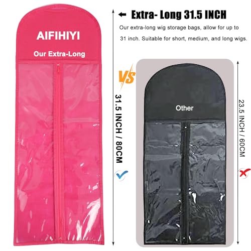 AIFIHIYI 31.5 Inch Extra Long Pink Wig Storage Bags Set of 3 with Hangers