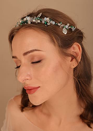 Denifery Bridal Hair Vine Headband with Green Crystals & Rhinestones