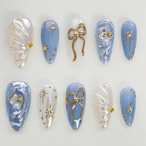 NBNTGH Blue White Press On Nails with Gold Star Design - Reusable Fake Almond Manicure Kit for Women & Girls, 24 Pcs