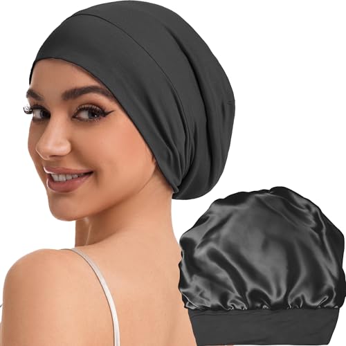 ROYBENS Medium Black 100% Mulberry Silk Sleeping Bonnet for Hair Care