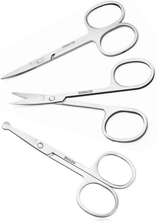 Small Beauty Scissors - 3.5in Curved Facial Hair Grooming | Eyebrow, Eyelash, Nose Hair Trimming (3 Pack)