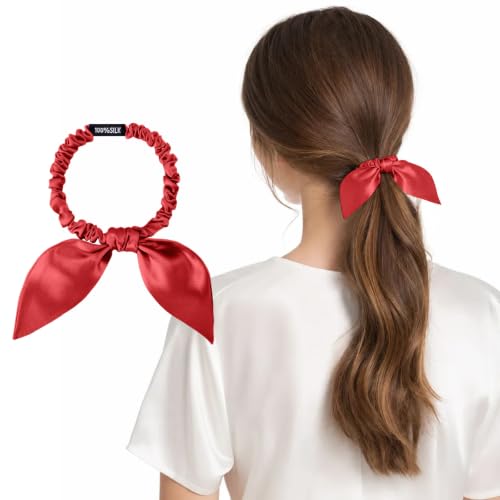 THXSILK 100% Pure Mulberry Silk Scrunchie with Bow - Red Hair Accessory