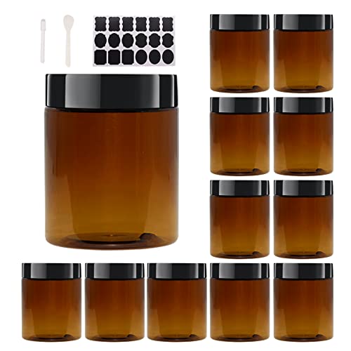 8oz Amber Plastic Jars with Black Lids - 12 Pack Storage Set