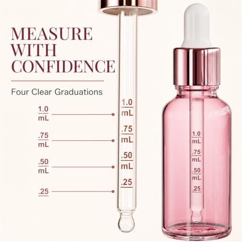 PrettyCare 4 Pack 1oz Rose Glass Dropper Bottles for Essential Oils - Leakproof Tincture & Beauty Bottles with Labels & Funnels
