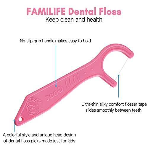 FAMILIFE Animal Kids Floss Picks 200 Count with Travel Cases - Fluoride-Free Dental Floss for Children