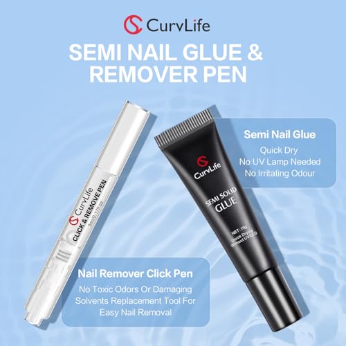 Curvlife 15g Nail Glue Gel & 5ml Remover Pen - Quick Drying, No UV Needed