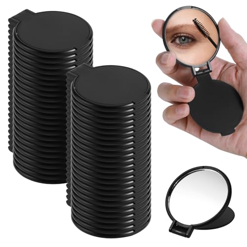 50 Pcs Black Round Compact Folding Pocket Mirror - Portable Mini Makeup Mirrors