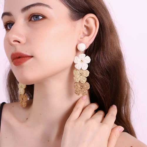 RUOFFETA Raffia Flower Drop Earrings - Tropical Beach Jewelry
