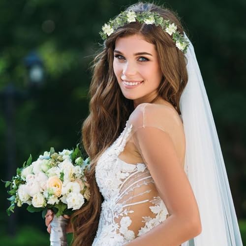 MEMOVAN White Bridal Green Leaf Flower Crown Adjustable Boho Headpiece