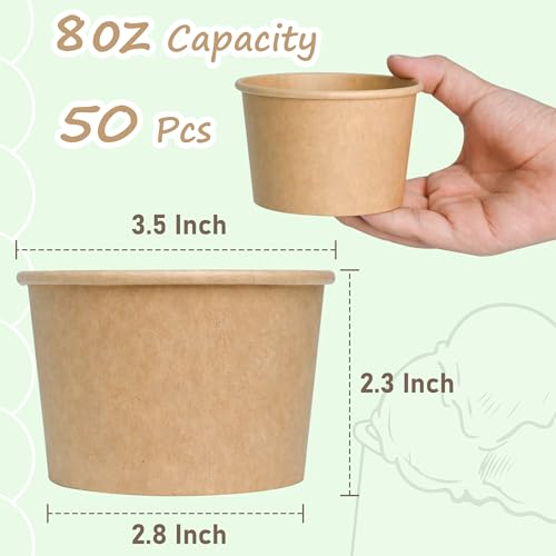 8oz Disposable Paper Ice Cream Cups - 50 Pack, Leak-Resistant Snack Bowls