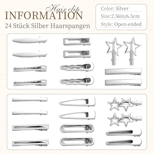24PCS Silver Hair Clips Set - Y2K Metal Barrettes for Women