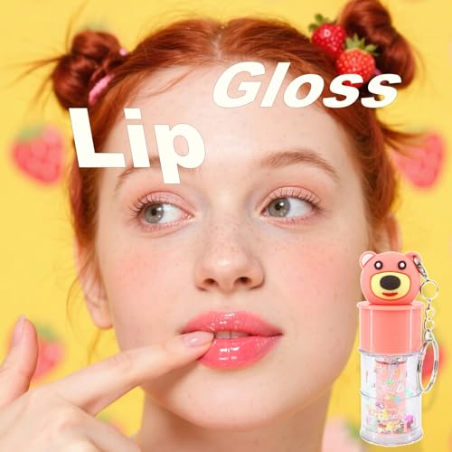 6 Pcs Hydrating Shimmer Lip Gloss Set with Cute Bear Keychain Design