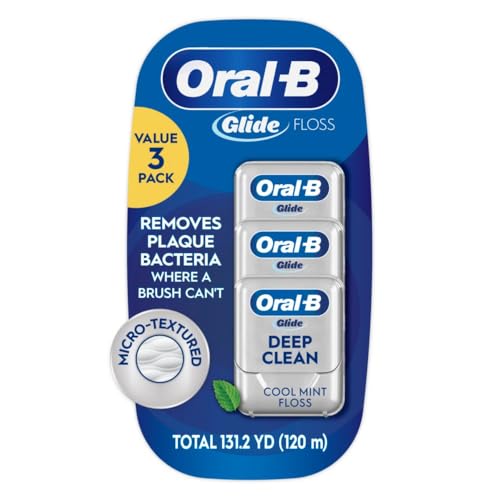 Oral-B Glide Deep Clean Dental Floss, Cool Mint, 3 Pack (131.2 YD Total) - Shred-Resistant Smooth Dental Tape for Tight Spaces