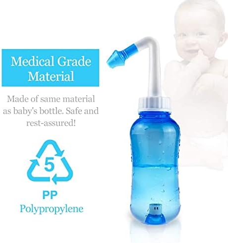 Neti Pot for Sinus Rinsing - Nasal Wash Bottle with Thermometer & 30 Salt Packets | 300ml, Blue