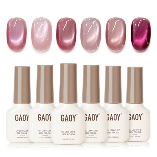 GAOY Cat Eye Gel Nail Polish Set - 6 Colors with Magnet, Holographic Glitter