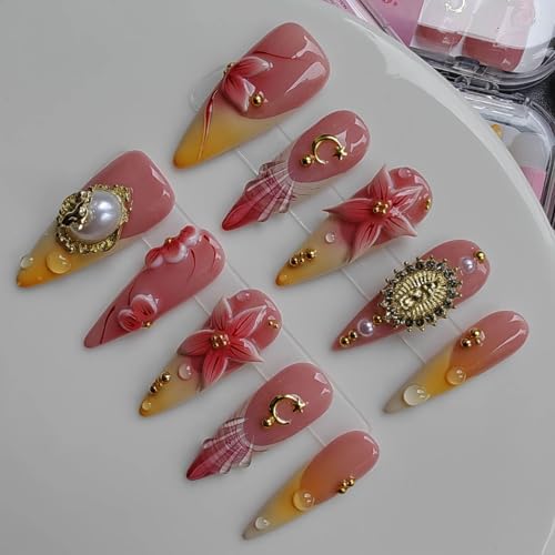 Gleamrain Long Almond Press on Nails with 3D Flower French Tip Design