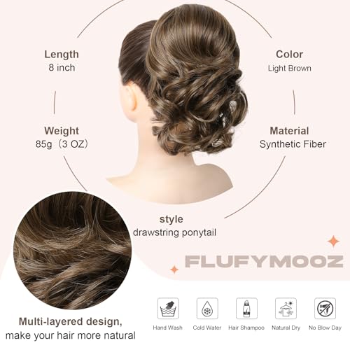 Flufymooz 8-Inch Light Brown Curly Drawstring Ponytail Extension