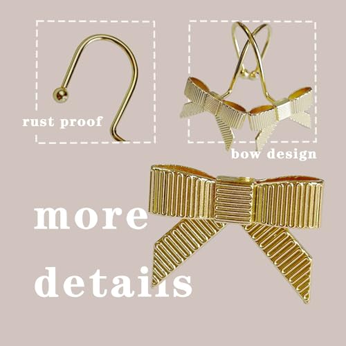 Gold Bow Shower Curtain Hooks - 12 Pack Rust Proof Metal Rings