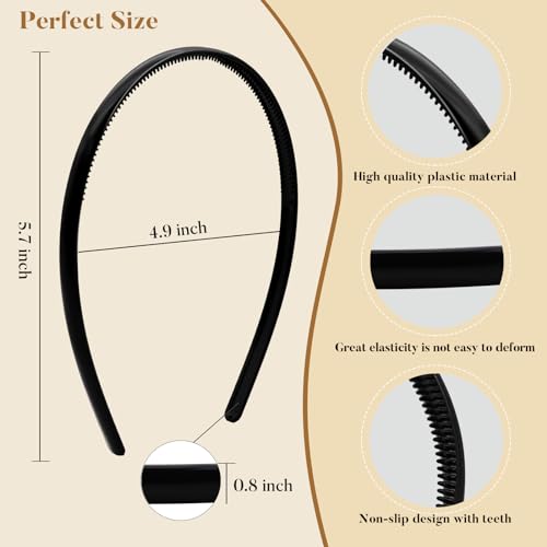 forenee Black Plastic Thin Skinny Headbands - 4 Pack, Non-Slip