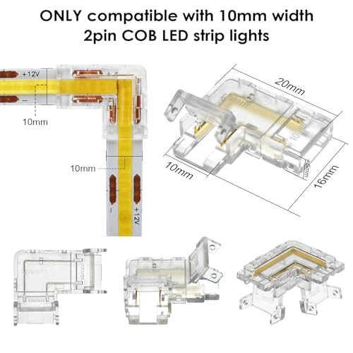 L Shape LED Strip Connector Set - 12 Pack, Solderless, Tool-Free for 10mm COB & SMD Strips