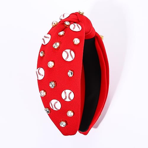 Red Baseball Knotted Headband with Rhinestones, Pearls, and Charms