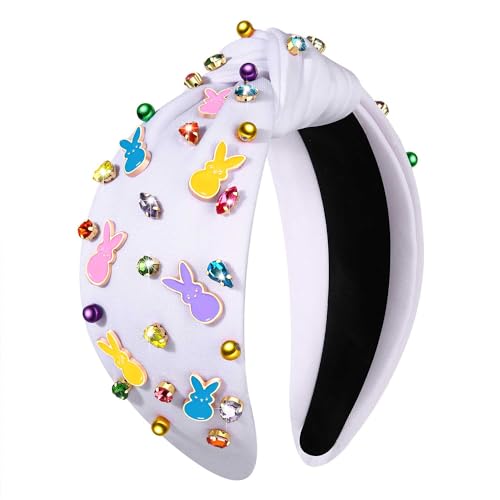 CEALXHENY Bunny D Easter Headband for Women Beaded Carrots & Rhinestones, Spring Hair Accessory