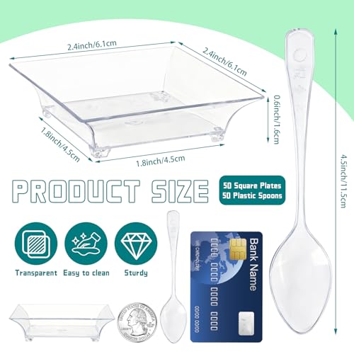 50 Pack Mini Dessert Plates with Spoons | Clear Disposable Appetizer Plates