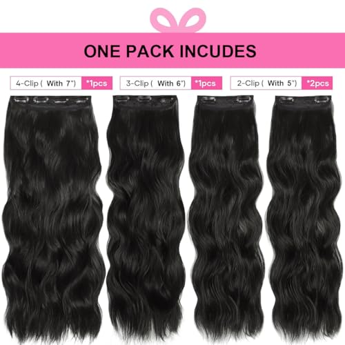Yulalagaga 24 Inch Wavy Clip In Hair Extensions - 4PCS Natural Black