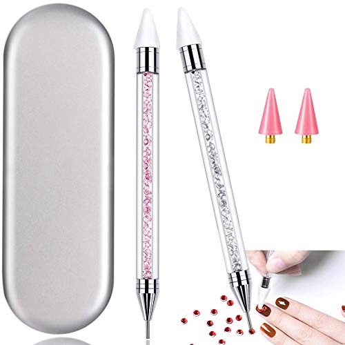 Pink & White Dual-Ended Nail Rhinestone Picker Tool with Extra Wax Heads & Storage Case