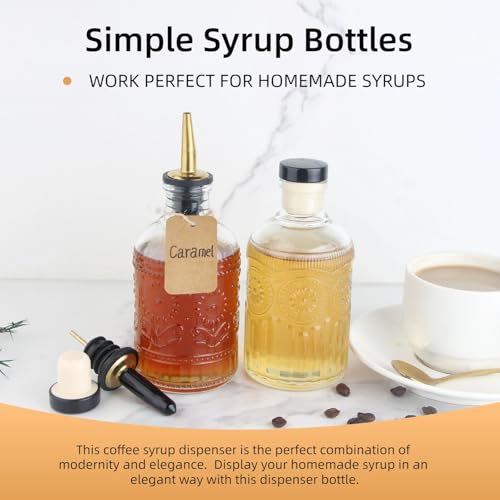 Glass Syrup Dispenser Bottles Set of 2 - 7 OZ with Pour Spouts & Labels