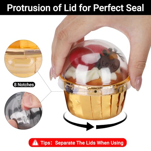 EUSOAR Gold Disposable Cupcake Cups with Lids, 3.5 oz - 50 Pack Aluminum Foil Muffin Liners for Baking