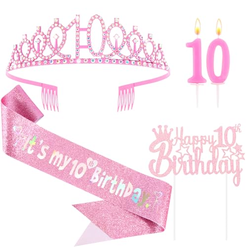10th Birthday Party Decorations Set for Girls - Crown, Sash, Candle & Cake Topper