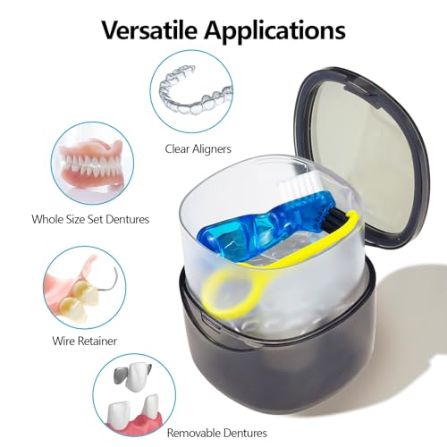 EZEELAI Transparent Black Denture Case – No-Leak Cleaning & Soaking Cup with Brush