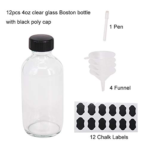 12 Pack 4 oz Clear Glass Boston Bottles with Caps for Extracts