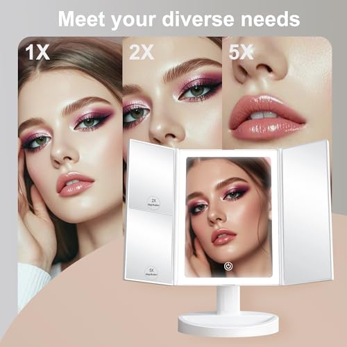 S'bagno White 11.3" x 6.8" LED Makeup Mirror with Lights, 1X/2X/5X Magnification, Dimmable 3-Color Modes, 270° Rotation