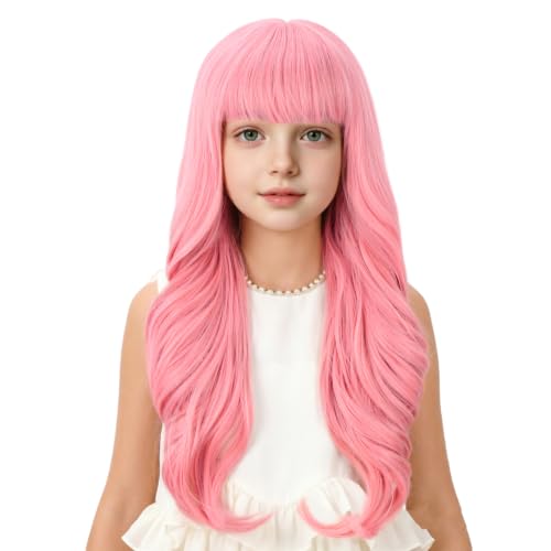 Edivd Kids Pastel Pink Long Wavy Curly Wig with Flat Bangs & Cap - Child-Friendly Synthetic Hair, Heat Resistant, 22 Inch