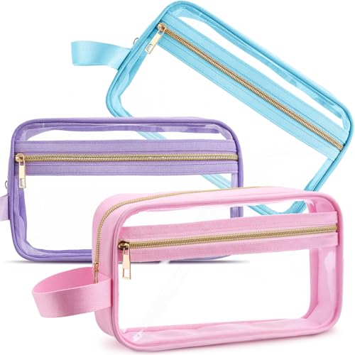 Pinkunn 3-Pack Clear Makeup Bags - TSA Approved Toiletry Bags (Blue, Purple, Pink)