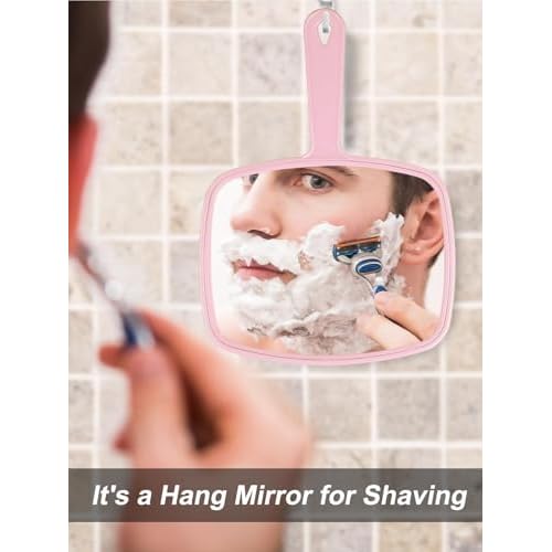 Gladmart Hand Mirror Salon Barber Hairdressing Handheld Mirror with Handle (Square Pink 7.4 x 10.3 inches)