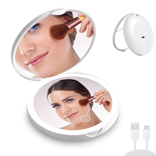 CORROY White 1x/2x LED Travel Makeup Mirror Compact with Light, Dimmable & Rechargeable, Pocket Size for Handbags & Gifts