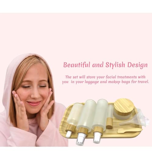 Frosted Glass Cosmetic Containers Kit with Bamboo Cover - 8 pcs Travel Set