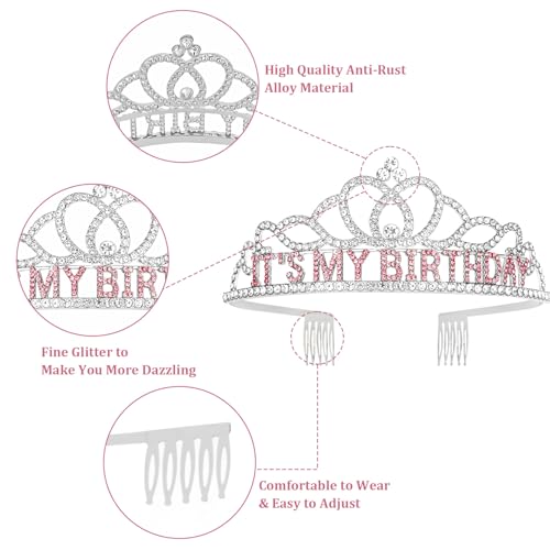 Silver & Pink Birthday Crown & Sash for Women & Girls - Party Tiara Set