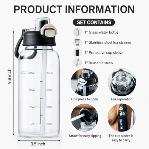 35oz Glass Water Bottle with Straw & Tea Infuser - BPA-Free, Leakproof