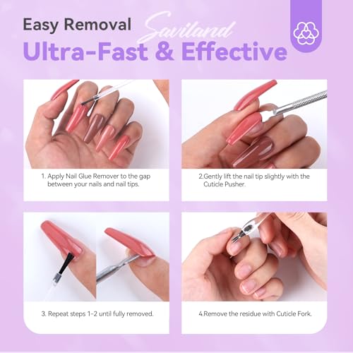 SAVILAND Blue Brush-On Nail Glue Remover 50mL with Pusher & Nail Fork, Gentle Formula